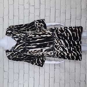Jaase Boho Flowy V Neck Babydoll Animal Print Mini Dress in Black/Brown/Cream